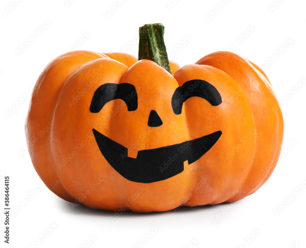 Wall mural Halloween pumpkin with cute drawn face isolated on white