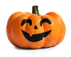 Halloween pumpkin with cute drawn face isolated on white
