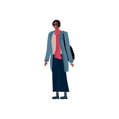 Pretty black young woman in outerwear and sunglasses. A girl in a modern coat, with a red scarf, skirt and shoes. Fashionable model with short hair. Cartoon flat vector. Street style.