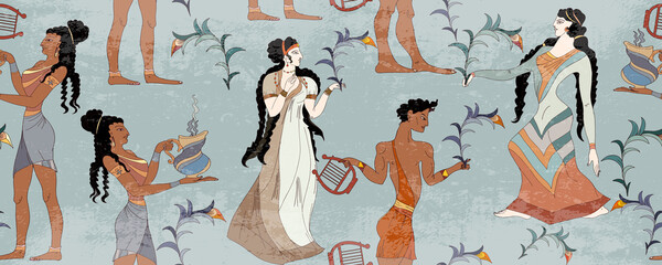 Naklejka premium Minoan civilization horizontal seamless pattern. Ancient Greece frescos. Goddesses. Ancient Crete culture. Heraklion. Knossos murals mythology