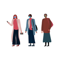 
modern women wearing masks and stylish seasonal warm clothes, during quarantine. Cartoon flat vector illustration. Fashionable girls in outerwear, with scarves, boots and accessories, street style 