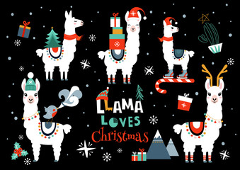 Christmas illustration with llama. Merry Christmas set © Mrs Opossum