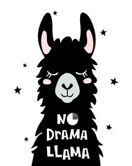 Cute cartoon llama design with No drama llama motivational quote. Vector illustration © Mrs Opossum