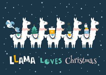 Christmas card with llama. Merry Christmas card. Llama loves Christmas