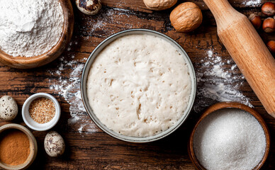 Yeast dough in a bowl and ingredients for making a pie or buns on a dark wooden background top view. Dough, flour, sugar, eggs and a rolling pin on an old wooden table. Rustic style