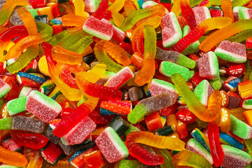 Assorted gummy candies. Top view. Jelly  sweets background.