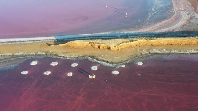 Aerial video flying over pink salt lake water from drone. Genichesk, Ukraine. 4k UHD footage