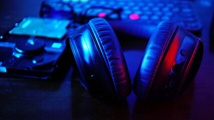 Close up headphone on mixer dj table in the party