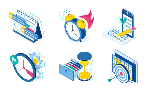 Task And Time Management Icons With Clock, Calendar, Checklist And Smartphone Isolated On White Background. Vector Isometric Symbols Of Planning Productivity Work And Project Organization