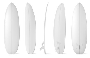 White surfboard front, side and back view. Vector realistic mockup of blank long board for summer beach activity, surfing on sea waves. Leisure sport equipment isolated on white background