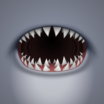 Cartoon Spooky Shark Jaw Isolated on Gray Background. Horror Background for Halloween Concept