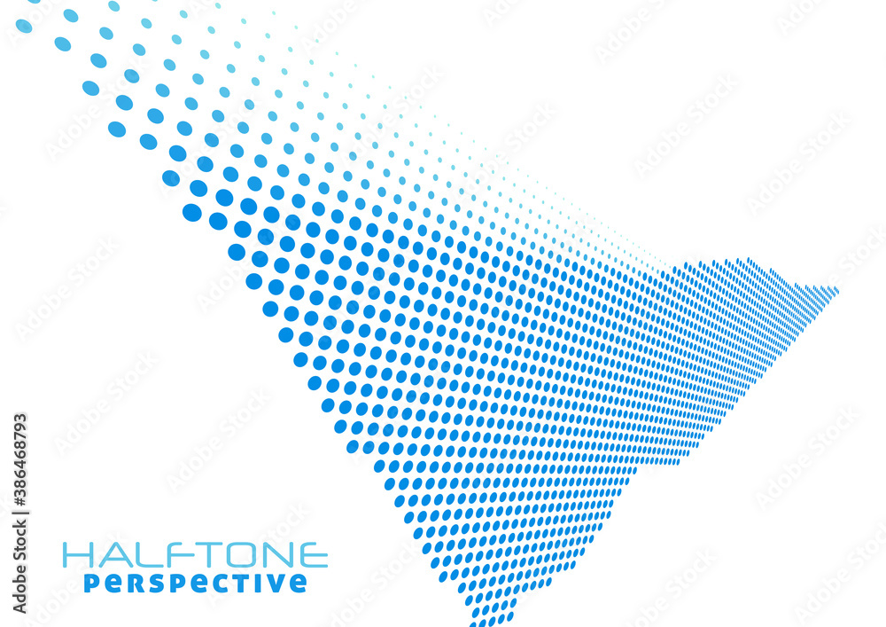 Poster Blue dotted perspective shape with halftone effect. Vector graphics