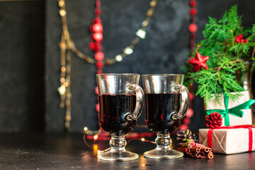 mulled wine or red wine christmas background festive table setting holidays party new year meal on the table tasty serving size portion top view copy space for text food background rustic