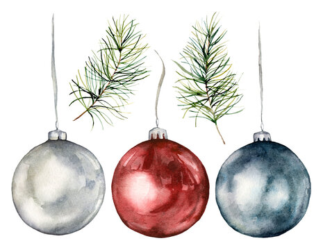 Watercolor Christmas tree toys and branches set. Hand painted New Year decor isolated on white background. Holiday illustration for design, print, fabric or background.