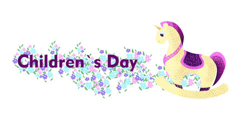 world children's day poster design. Image of text on a background of flowers and a nearby rocking toy pony or unicorn. Perfect for banners and flyers. EPS10.