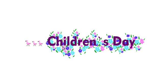 world children's day poster design. Image of text on a background of flowers and cute different ducks. Perfect for banners and flyers. EPS10.