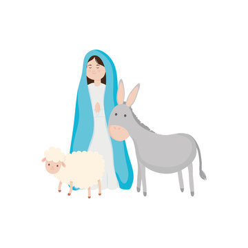 nativity concept, Virgin Mary with a sheep and doneky, flat style