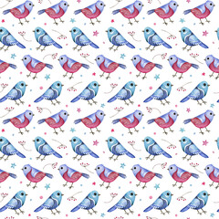 Christmas seamless pattern with blue and pink birds, berries and stars. Watercolor Holiday background.