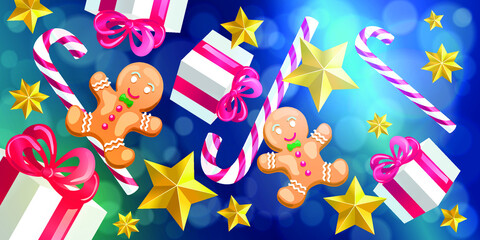 Christmas and New Year 2021 background. Gifts, gold stars, Christmas striped candy canes and gingerbread on blue background. 