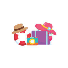 travel suitcase with beach hat, cocktail and related icons around, flat style