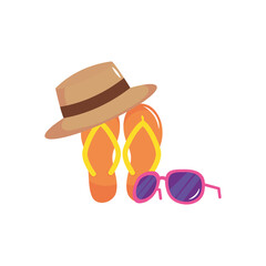 vacations concept, flip flops with sunglasses and hat, flat style