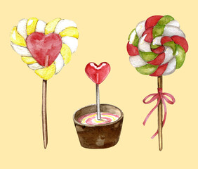 Heart shaped lollipop. Watercolor set of candies