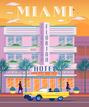 The comfortable Florida hotel, located in Miami, invites visitors to an unforgettable vacation. Retro image in flat style