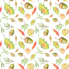 Plakat Watercolor autumn leaves and berries, seamless pattern