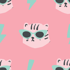 seamless simple leopard head with pink cat eye glasses seamless repeat light pink pastel pattern. Trendy tiger pattern.