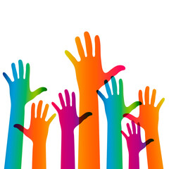 Hands on a light background. Colorful silhouettes arms.  Vector team, help, friendship symbol illustration.