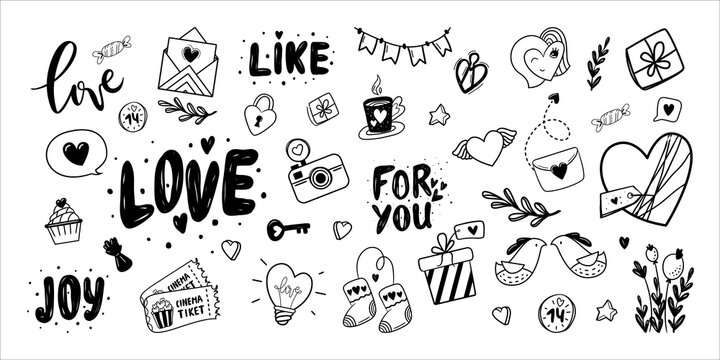 Valentine's Day theme doodle big monochrome set. Traditional romantic symbols heart shapes, key, tickets, arrows, gift box, for you letters, love letters, candys. Freehand vector drawing