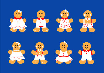 gingerbread cookie christmas set decorations and design isolated on blue background illustration vector 