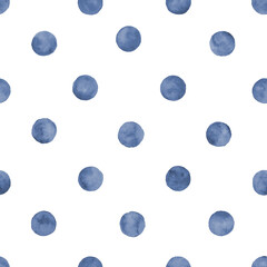 Polka dot blue navy indigo watercolor seamless pattern. Abstract watercolour color circles on white background © Olga
