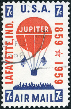 USA - 1959: shows Balloon and Crowd, Century of the carrying of mail by the balloon Jupiter from Lafayette to Crawfordsville, Ind, 1959