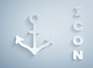 Paper cut Anchor icon isolated on grey background. Paper art style. Vector.