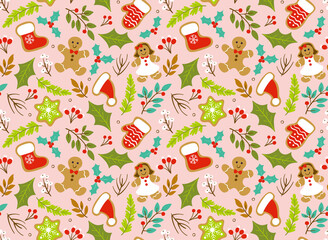 Christmas seamless pattern with seasonal leaves; branches and gingerbread cookies. Pink background. EPS 10 vector illustration.