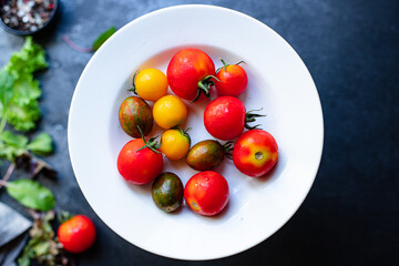 tomato fresh salad vegetables meal on the table tasty serving size portion top view copy space for text food background rustic keto or paleo diet