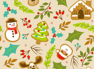 Christmas seamless pattern with cute Christmas elements, isolated on light background. EPS 10 vector illustration.