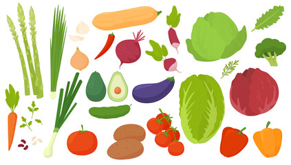 Vector vegetables icons set in cartoon style. Collection farm product for restaurant menu, market label.