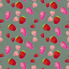 Seamless pattern with ripe strawberry. Hand drawn texture with berries watercolor background