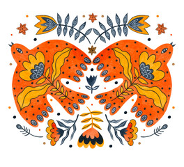 Watercolor compositions with birds and flowers in folk art for Christmas, New Year.