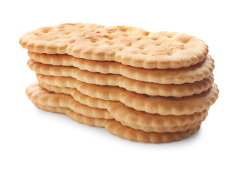 Stack of delicious crispy crackers isolated on white