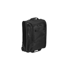 Suitcase with telescopic handle and on wheels isolate on white back. Baggage on a travel or business trip