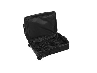 Open suitcase with telescopic handle and on wheels isolate on white back. Luggage while traveling or on a business trip.