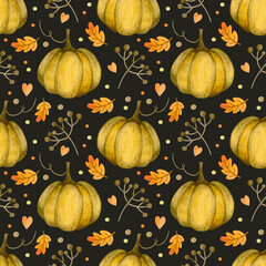 Watercolor autumn seamless pattern for thanksgiving, halloween. For the design of fabric, wrapping paper.