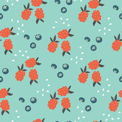 Seamless repeat vector mixed berry fruit pattern with raspberries and blueberries with teal background.