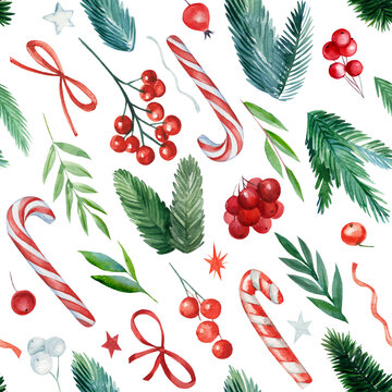 Seamless pattern, Christmas background, holly, spruce branches, lollipop, bows watercolor drawings, new year pictures