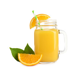 Tasty orange juice in mason jar, fresh fruit and green leaves isolated on white