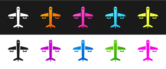 Set Plane icon isolated on black and white background. Flying airplane icon. Airliner sign. Vector.