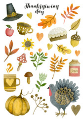 Set of watercolor images for Thanksgiving Day isolated on white background. Stickers.